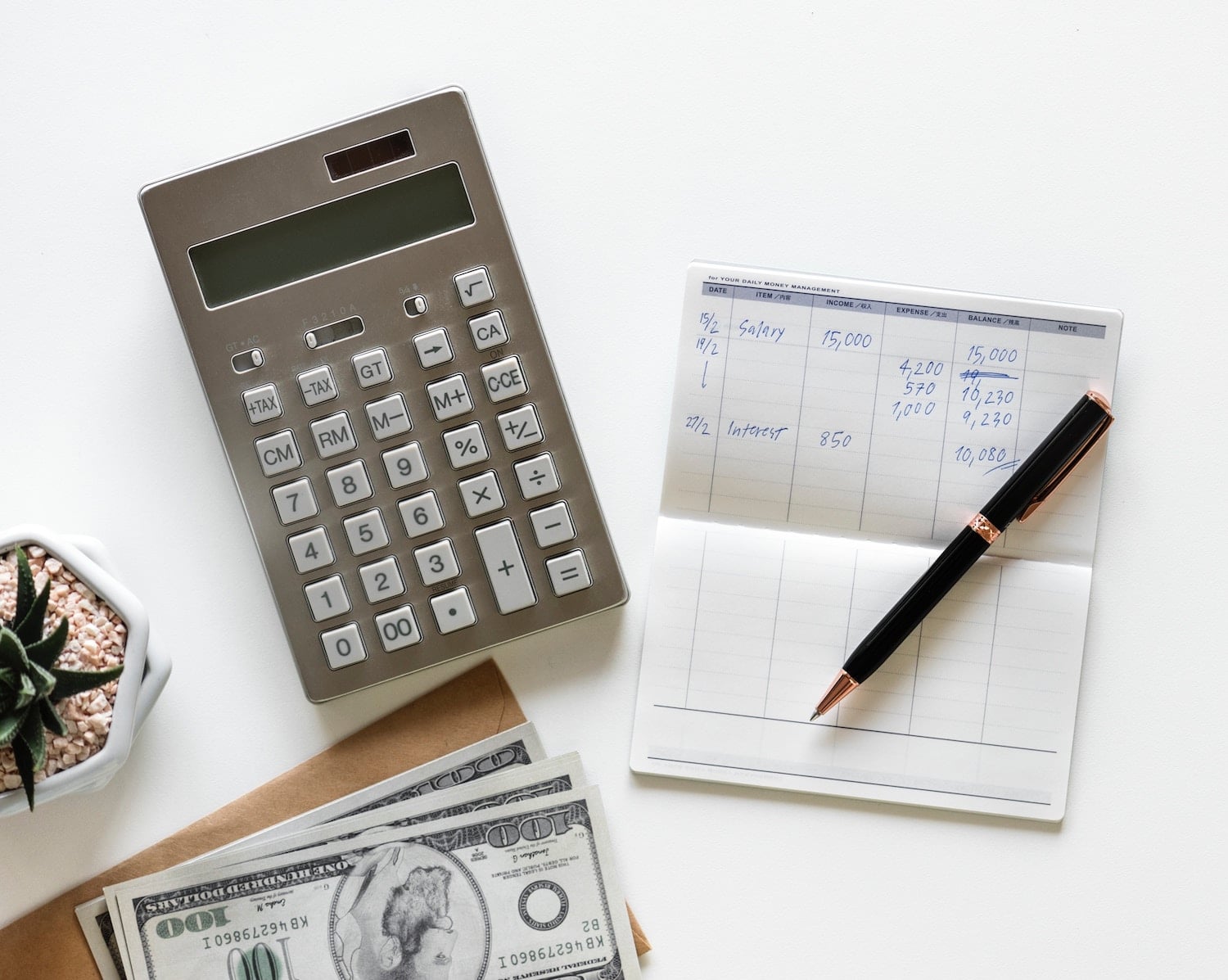 Tax tips for wellness professional. A calculator, ledger and pen.