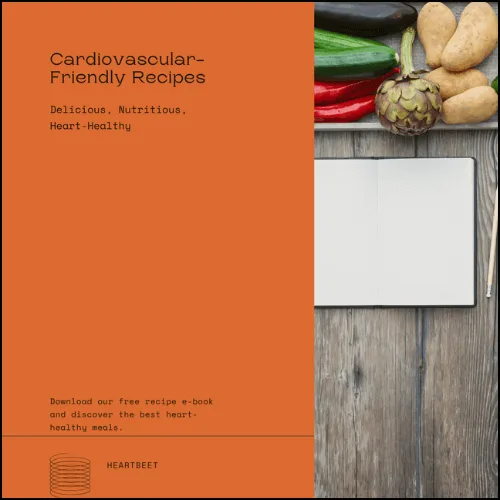 cardio 1 Image of the front of a cook book for cardiovasular health. 2/3s is rust red and the last third is a photo of veggies.