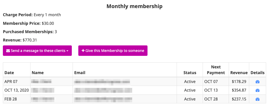 Memberships purchased | OfferingTree Memberships Purchased Screenshot
