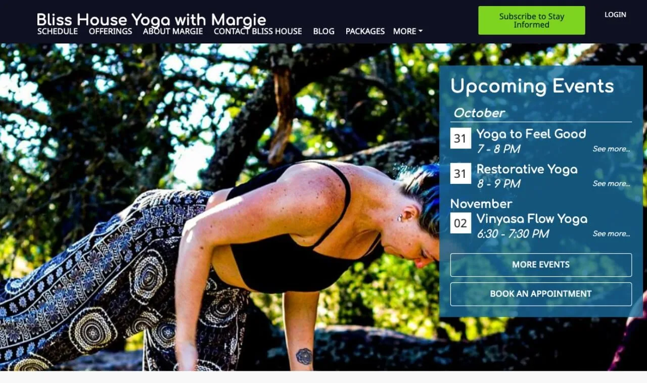 Bliss House Yoga Home Page with Schedule Preview | OfferingTree Image of an OfferingTree website's home page that showcases a preview of their schedule on the right side of the screen fairly close to the top so people will see it right away.