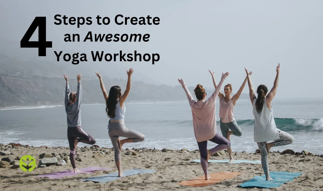 Cover image with 4 students doing yoga on the beach being led by an instructor with over lay text "4 steps to create an awesome yoga workshop"
