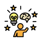 Higher purpose icon | OfferingTree cartoon of a person with a light bulb and stars above their head