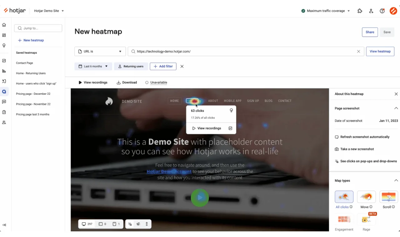 hotjar dashboard Screenshot of a hotjar dashboard for behavior and content analytics