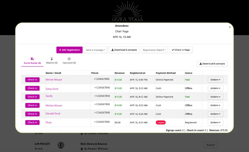 track client payments with ease Example of the backend of OfferingTree's scheduling and booking software showing client payment information.