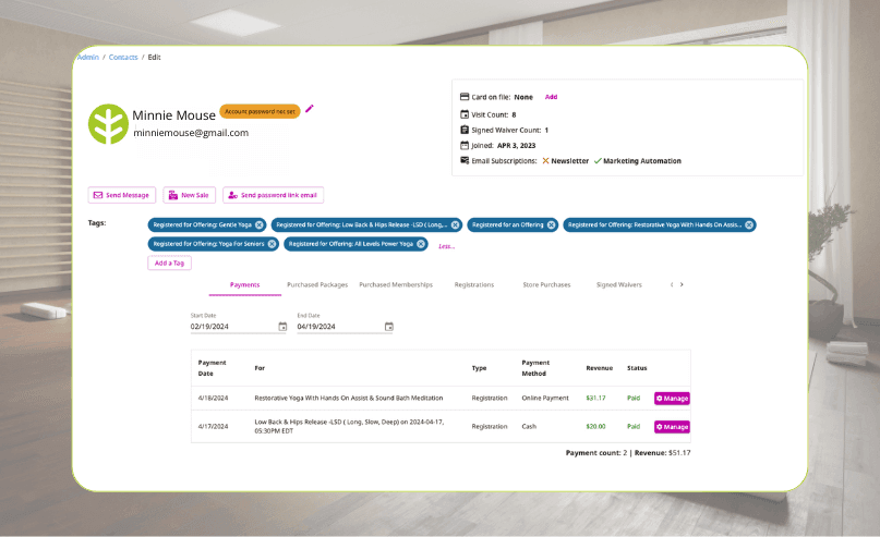 client dashboard with all their info OfferingTree scheduling software for small business example on the backend of a website showing how to customize each event on the schedule.