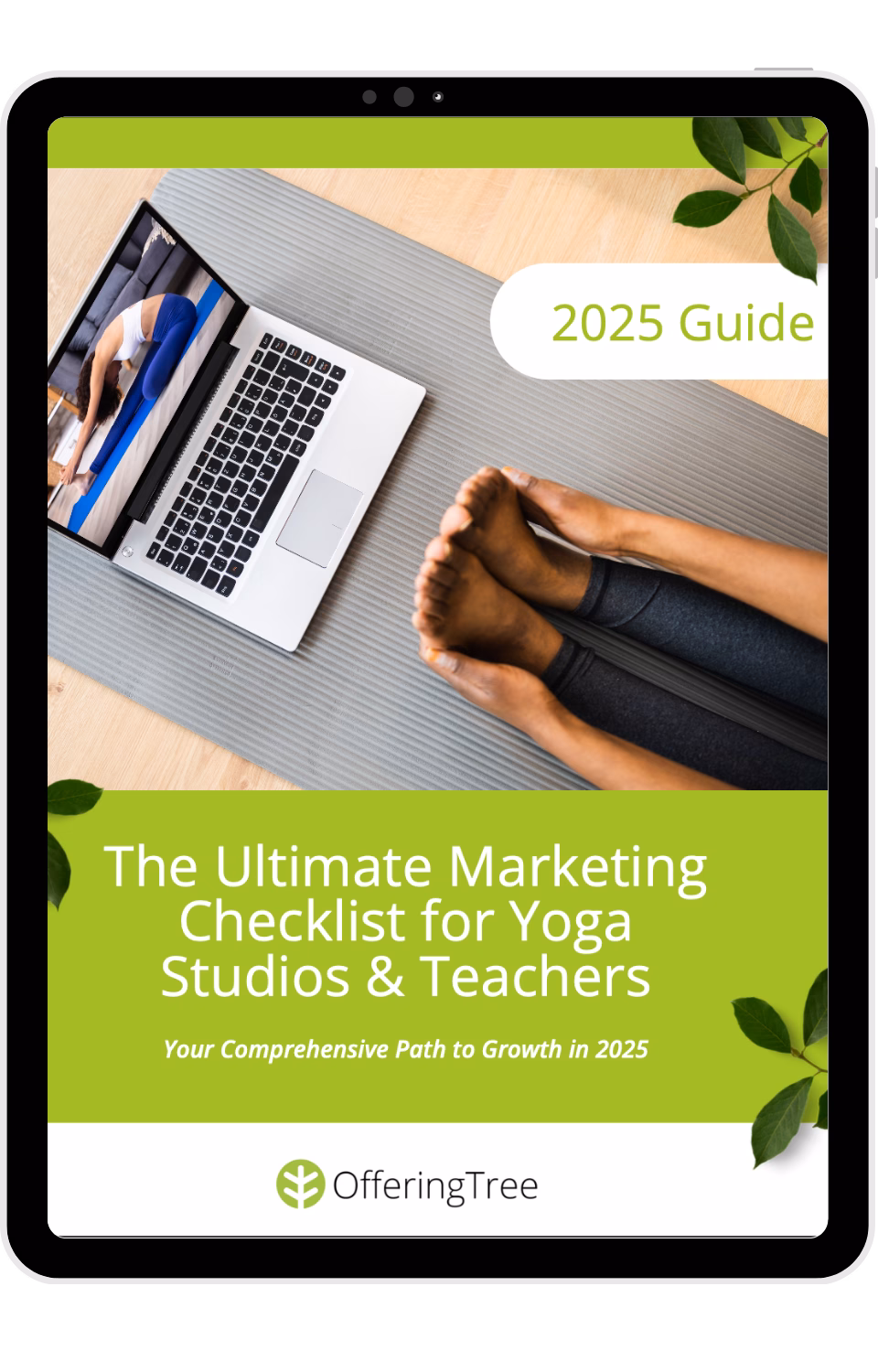 Image of the cover page of Ashley Hagen's Ultimate Guide to Teaching Yoga Online in 2024 fitted on an ipad screen.