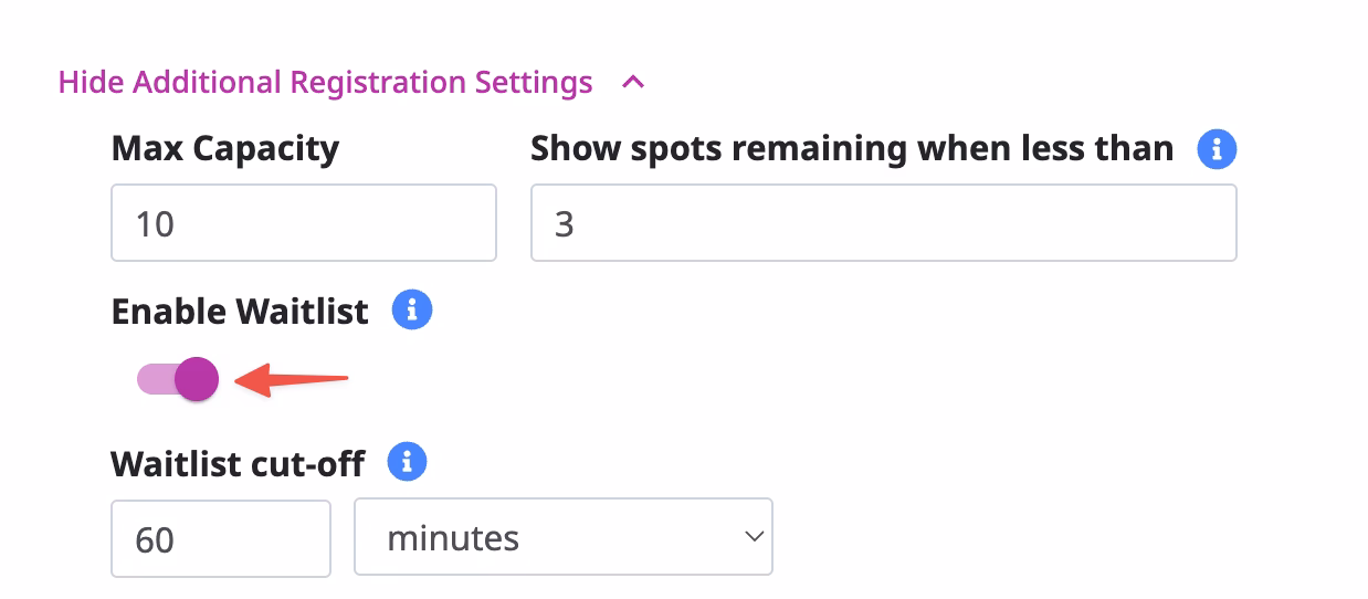 waitlist Registration settings panel: Max capacity 10, show 3 spots remaining; purple toggle for Enable Waitlist; waitlist cutoff 60 minutes.