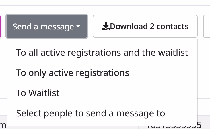 waitlist2 Messaging menu titled 'Send a message' with options: all registrations and waitlist, only active registrations, waitlist, or select recipients; nearby 'Download 2 contacts' button with a download icon.